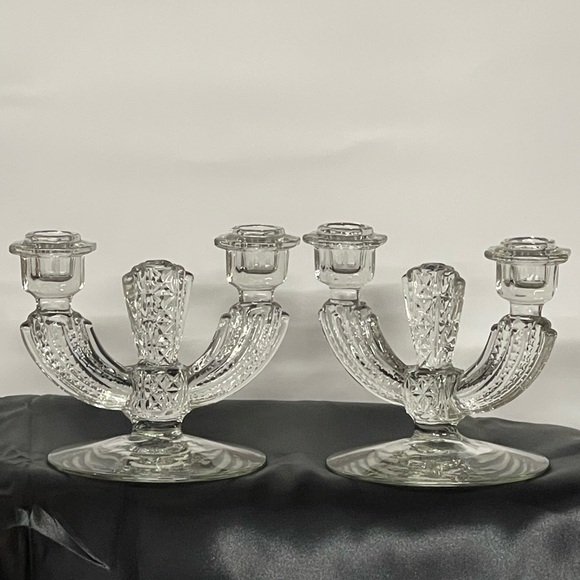 Pair Of Vintage Tiffin Glass Double Candlestick Holders Etched Floral‎ Clear EUC - Picture 1 of 11